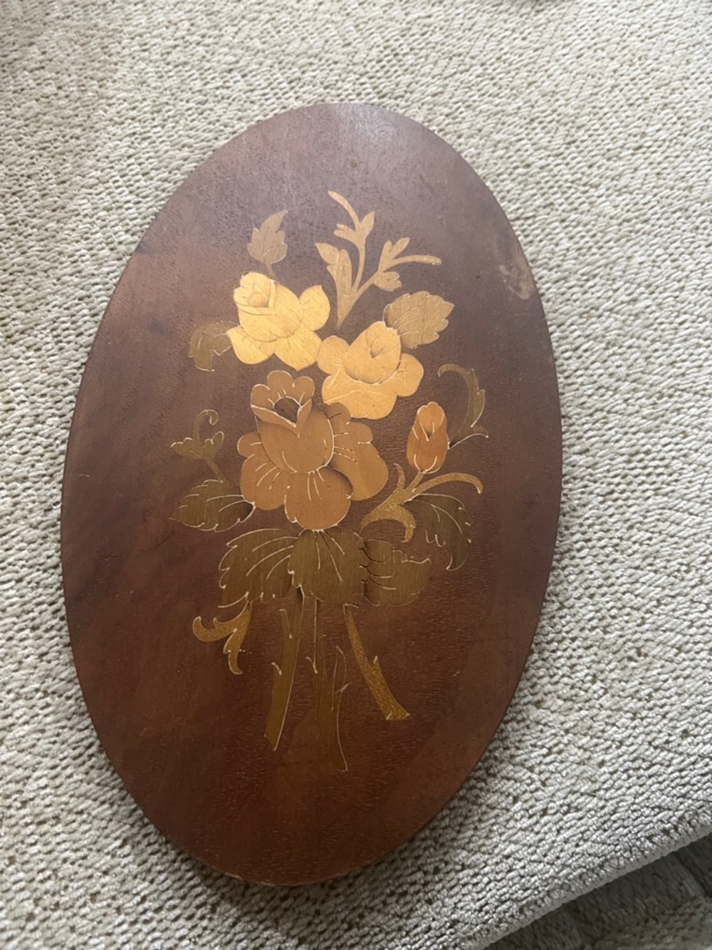 Vintage Italian Floral Inlaid Oval Wood Plaque